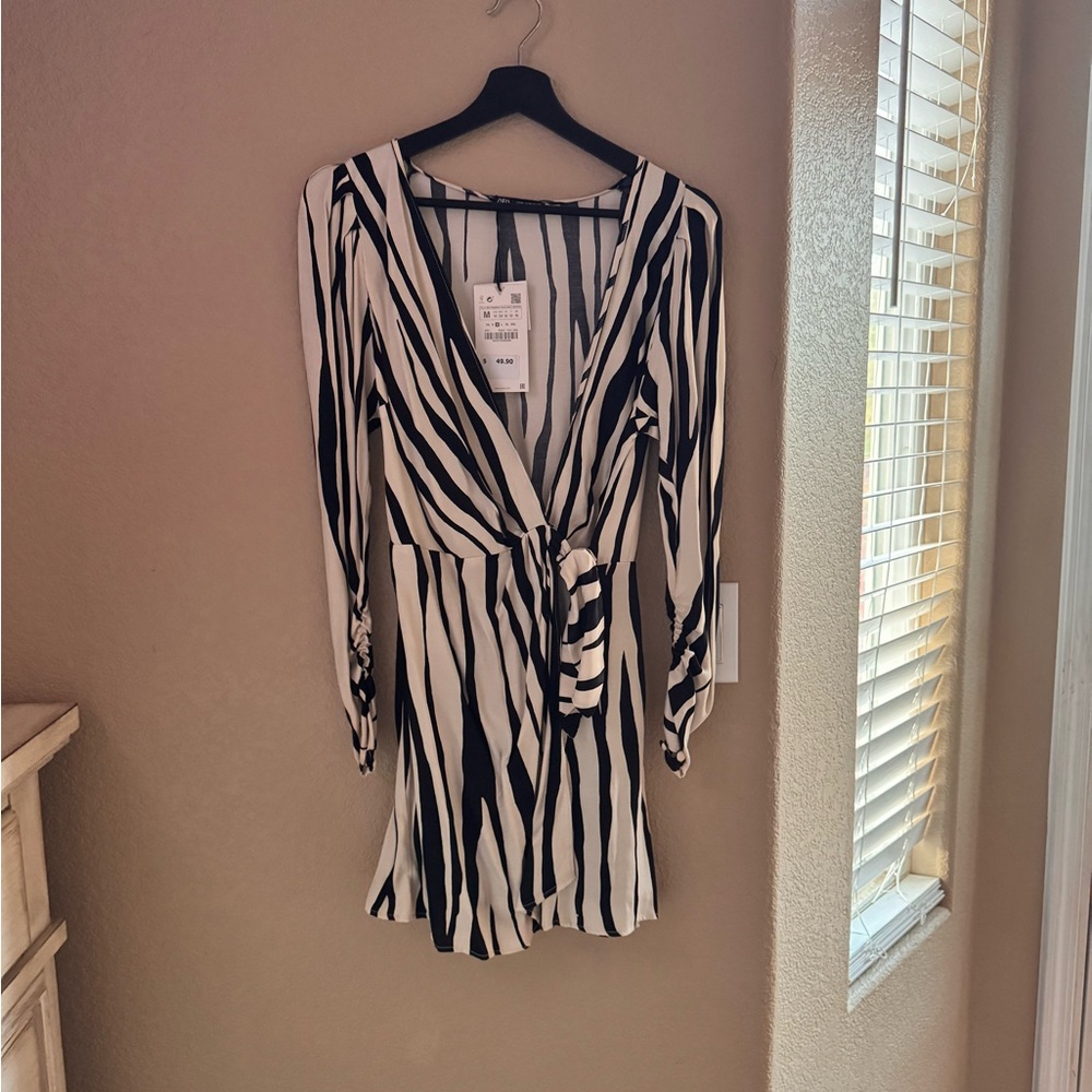 Zara Black and White Striped Long Sleeve Romper